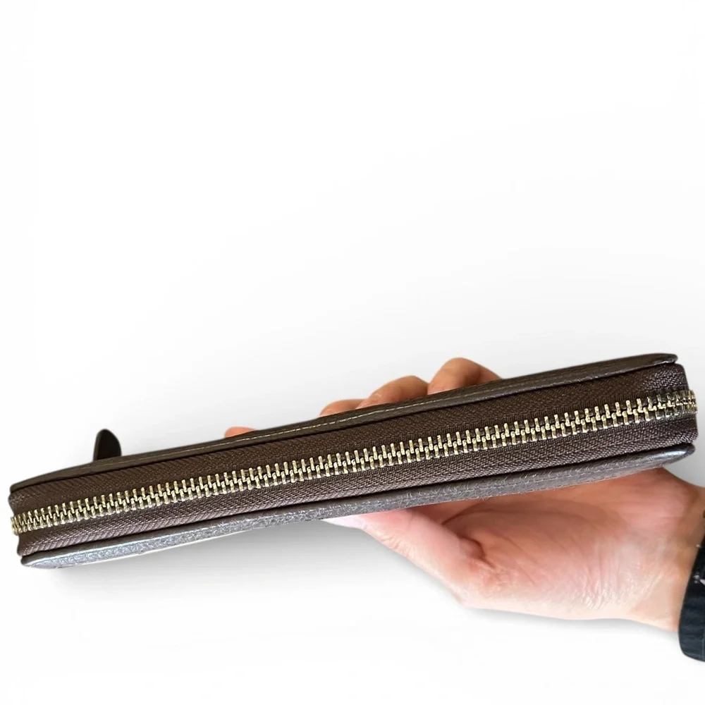 Coach Signature Canvas Zip Around Wallet Brown Tan Leather